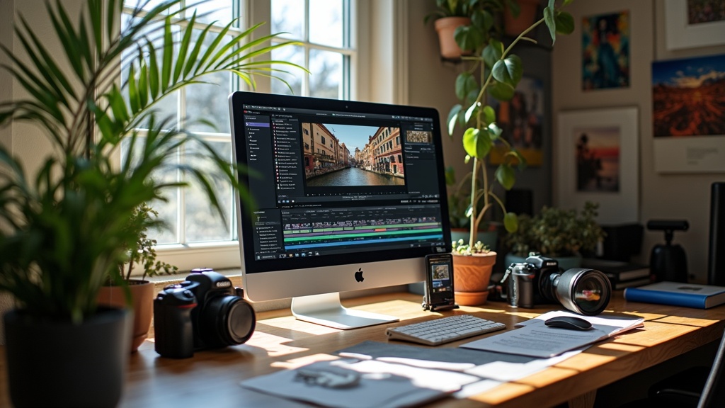 Lively photo editing workspace with a laptop, open editing software, and colorful images displayed on the screen with accessories like a camera and notebook nearby.